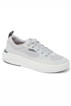 The Reef Fanning Mens Shoe, in light gray with white laces, a thick white sole, and a black heel pull tab, is shown against a plain white background.
