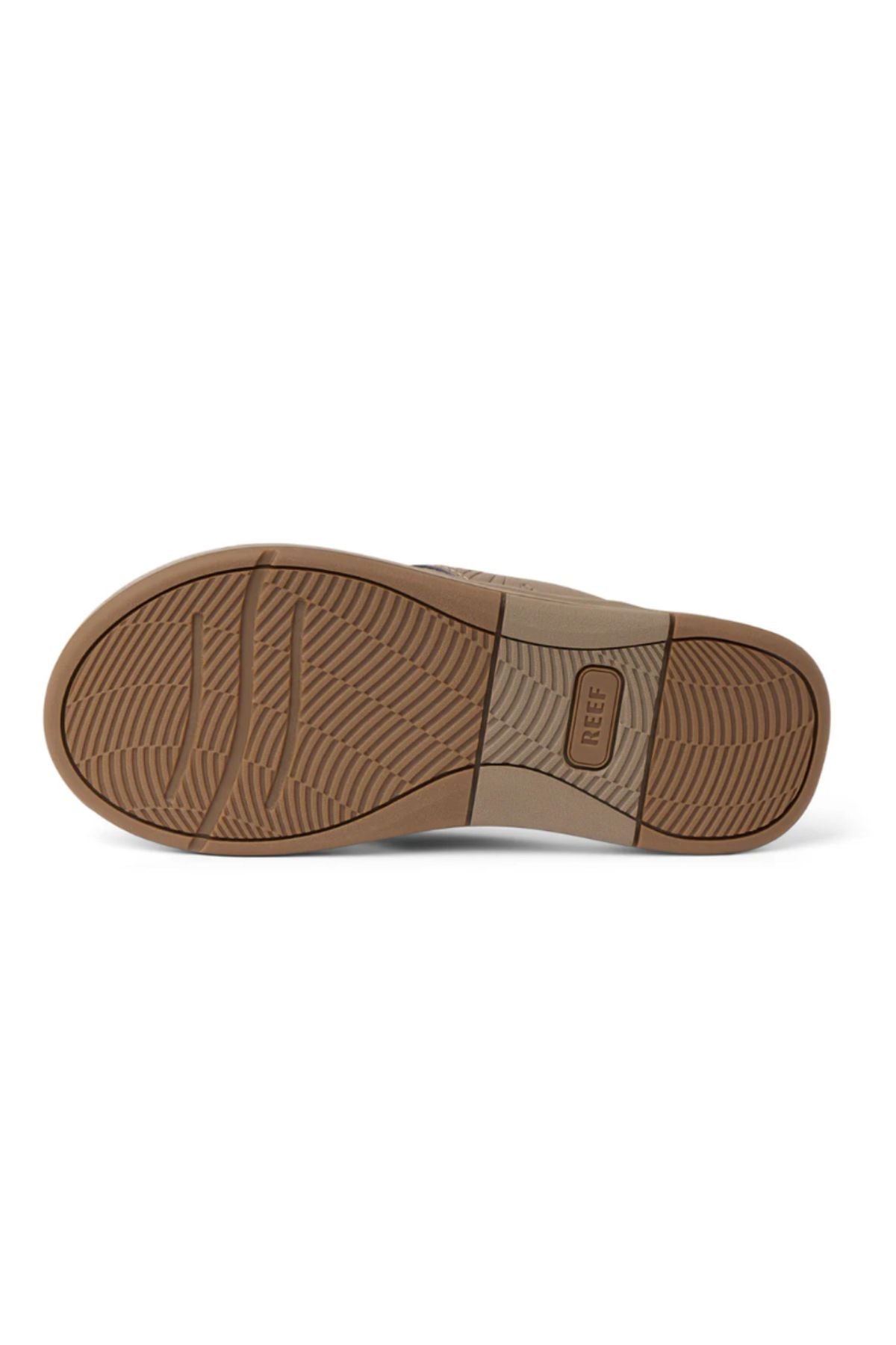 The image displays the brown rubber sole of the REEF Offshore shoe with textured grip patterns and "Reef" embossed near the arch, highlighting the signature comfort and renowned arch support of REEF sandals.