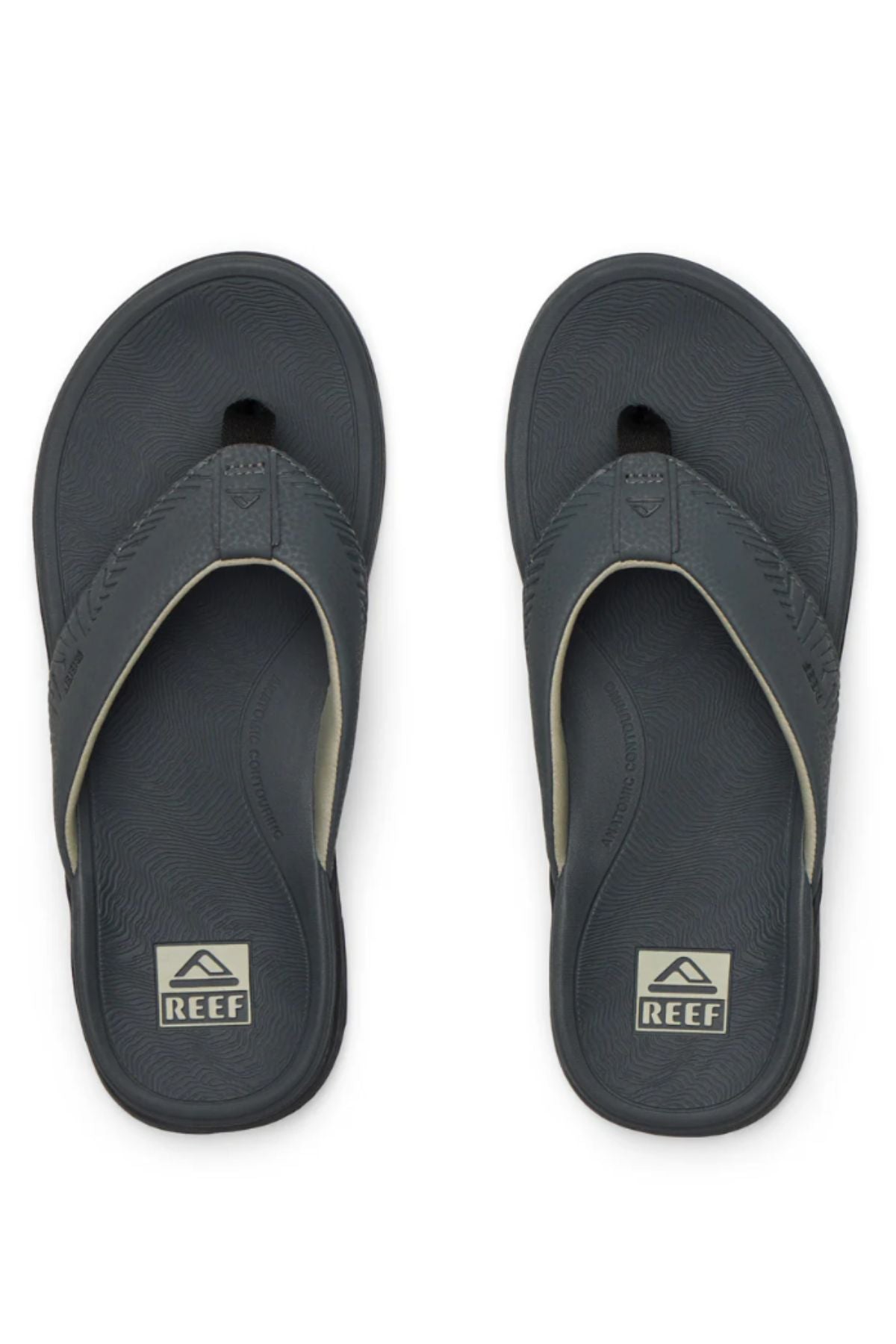 The REEF Offshore flip-flop sandals in dark gray feature textured soles, thick straps, arch support, and display the "REEF" logo near the heels. Shown side by side from above.