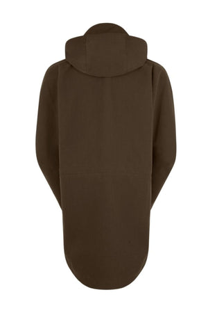 The Ridgeline Monsoon Classic Jacket is displayed from the back, showcasing its brown color, hood, long curved hem, and relaxed fit against a plain white background.