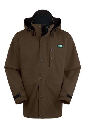 The Ridgeline Monsoon Classic Jacket is a brown, hooded outdoor jacket with a front zipper, snap buttons, chest pocket, adjustable cuffs, and a green patch logo on the upper left chest. Made from breathable fabric for comfort and durability.