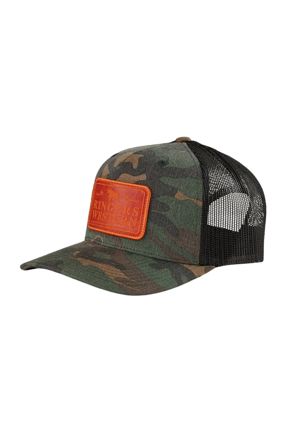 The Ringers Western Awol Trucker Cap features a camouflage pattern, black mesh back, brown leather patch with "Ringers Western" on the front, and a snapback closure for easy adjustment.