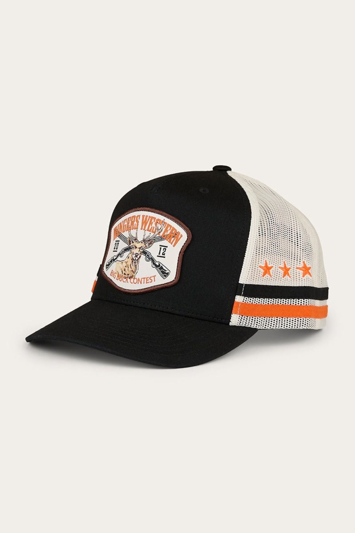 The Ringers Western Big Buck Deep Fit Trucker Cap is a black and white mesh outdoor hat with striking orange accents, showcasing three orange stars on the side and a front patch that reads “Riders Wisdom Motorcycle Contest” alongside a motorcycle graphic. Designed in a deep fit, this classic trucker cap combines timeless style with rugged functionality—perfect for any adventure.