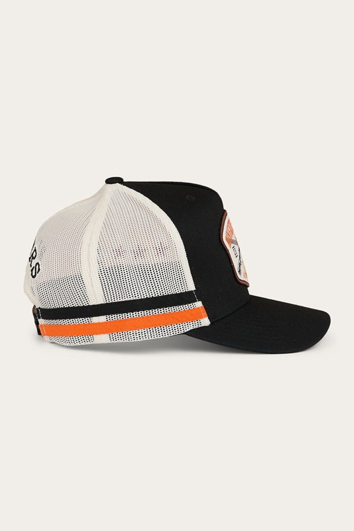 The Ringers Western Big Buck Deep Fit Trucker Cap features a black front panel with a patch, complemented by white mesh back and sides for enhanced breathability. Bold orange and black stripes sit above the adjustable strap, adding a striking accent. Designed for comfort and style, this deep fit trucker hat is an ideal choice for any outdoor adventure.