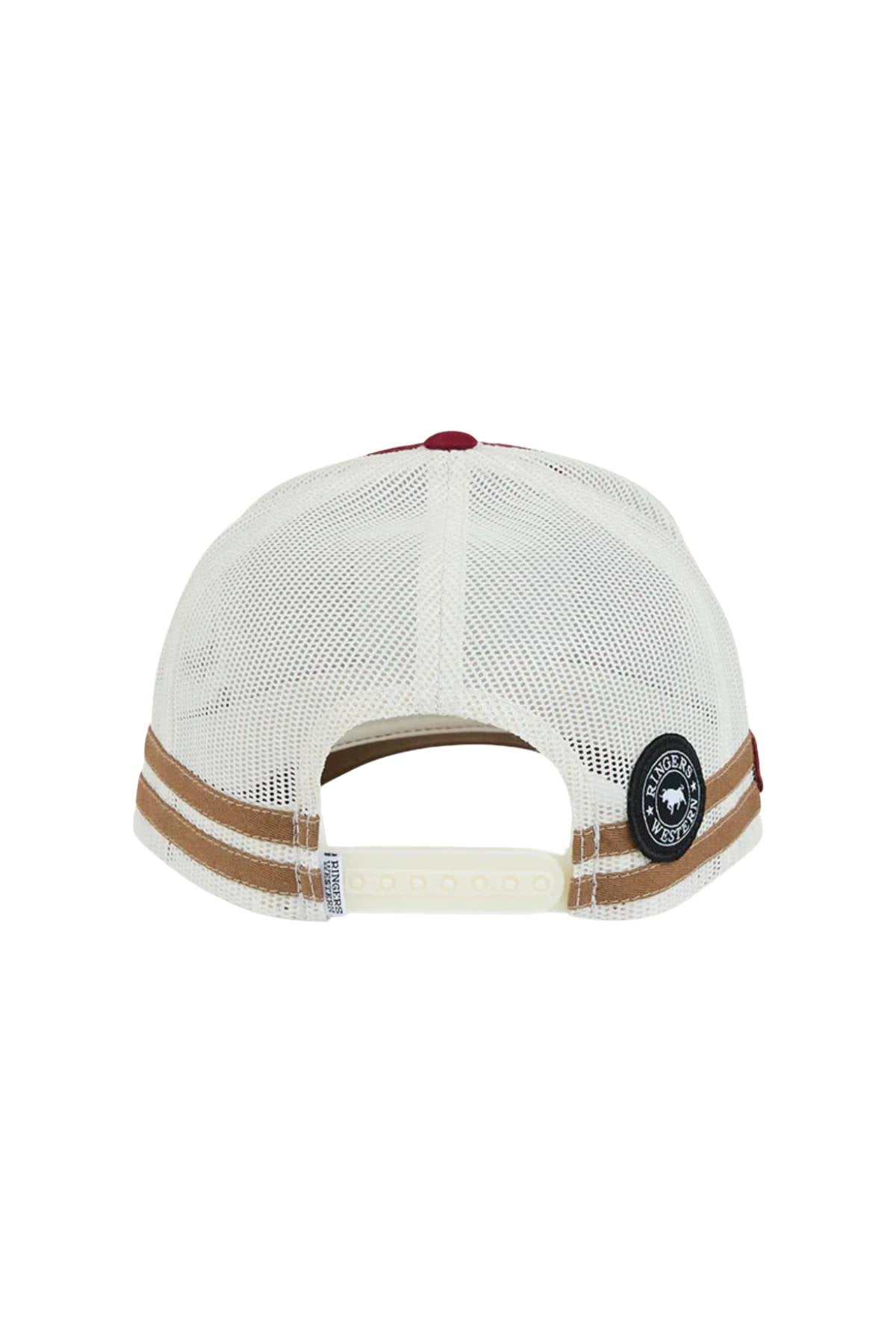 Back view of the Ringers Western Big Rig Trucker Cap with mesh back, adjustable snapback closure, brown stripes at the bottom edge, and a round black and white patch on the lower right side.