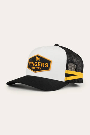 The Ringers Western Cunningham Trucker Cap features a white front, black bill and mesh back, yellow trim, bold yellow bull patch, and an adjustable snapback for the perfect fit.