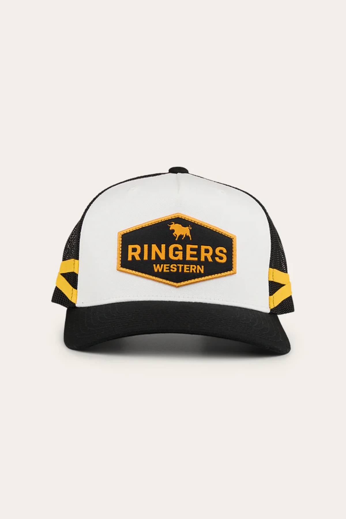The Ringers Western Cunningham Trucker Cap features a black and white design, a yellow and black "RINGERS WESTERN" patch with a bull graphic, yellow chevron side accents, mesh back, and an adjustable snapback for the perfect fit.