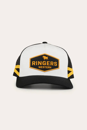 The Ringers Western Cunningham Trucker Cap features a black and white design, a yellow and black "RINGERS WESTERN" patch with a bull graphic, yellow chevron side accents, mesh back, and an adjustable snapback for the perfect fit.