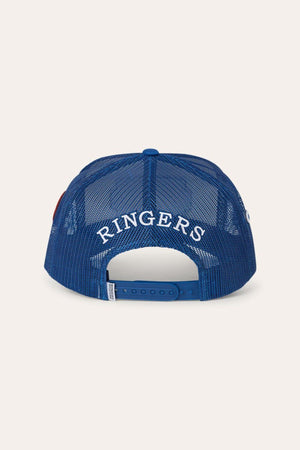 The Ringers Western Drive By Deep Fit Trucker Cap is a blue mesh trucker hat shown from the back, showcasing white embroidered “RINGERS” text above its adjustable snap closure. This deep fit design ensures all-day comfort and sun protection.