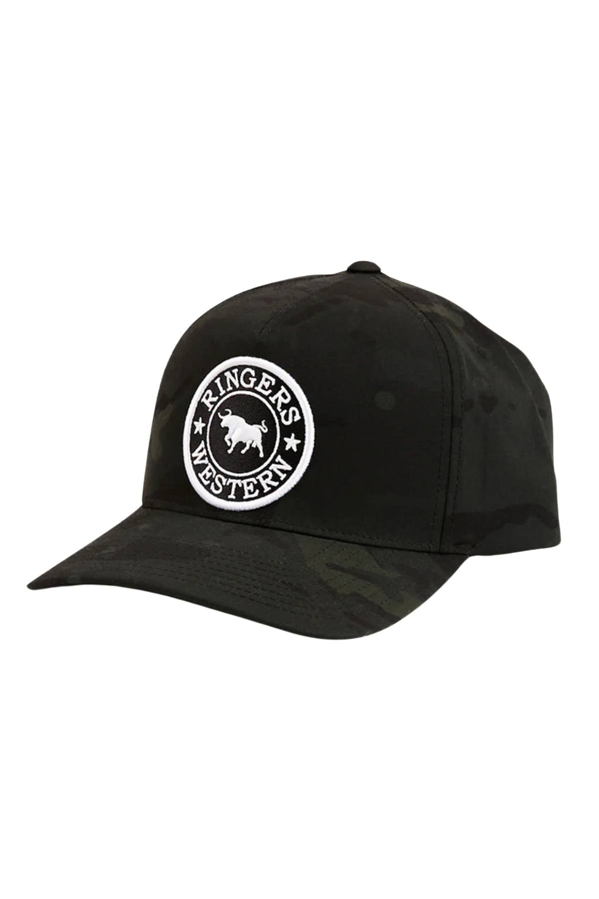 The Ringers Western Grover Tech Baseball Cap features a black camo design, a round white "Ringers Western" patch with bull silhouette on the front, and an adjustable snapback for a perfect fit.