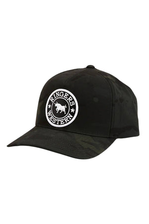 The Ringers Western Grover Tech Baseball Cap features a black camo design, a round white "Ringers Western" patch with bull silhouette on the front, and an adjustable snapback for a perfect fit.