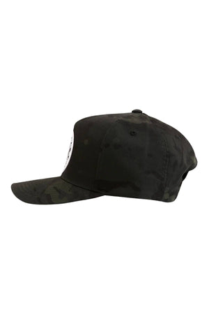The Ringers Western Grover Tech Baseball Cap in black camo features a flat brim, side view, adjustable snapback, small round top button, and a partial white patch on the front.