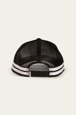 The Ringers Western McCoy Trucker Cap, showcasing a black mesh back with white stripes and an adjustable snapback closure, is displayed from the back against a light neutral background. Perfect for fans of Ringers Western style.
