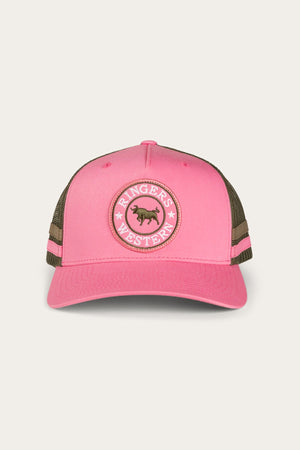 The Ringers Western McCoy Trucker Cap is a stylish blend of pink and green, showcasing a circular patch with a bull and the brand's name in white text. It features a cotton twill green mesh back, a pink front panel, and a curved pink brim.