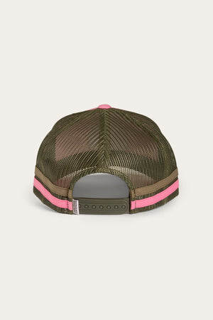 The image shows the back view of the Ringers Western McCoy Trucker Cap. This hat features an olive green mesh back with pink trim, an adjustable strap for size fitting with multiple holes, and a snap closure in the center. Its overall style is casual and sporty.