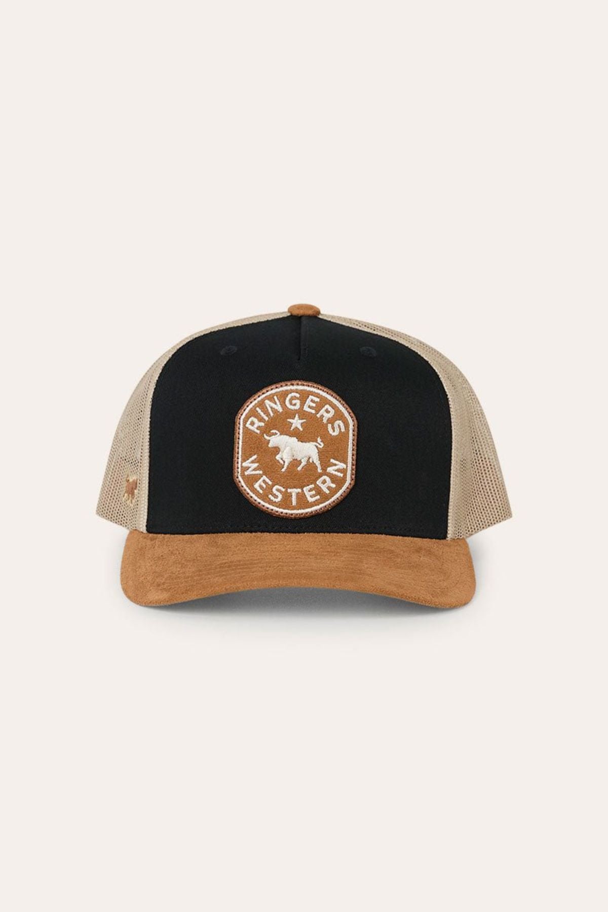 The Ringers Western Outback Hide Roadhouse Trucker Cap is a black and tan western-style hat featuring a brown suede brim and breathable mesh back. The front showcases a circular βRingers Westernβ patch with a central bull logo, while the adjustable snapback provides a comfortable, customizable fit.