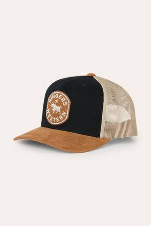 The Ringers Western Outback Hide Roadhouse Trucker Cap features a black and tan design with a brown suede brim, beige mesh back, and an adjustable snapback closure. The front patch displays βRingers Westernβ alongside a bull image, making this trucker cap a stylish and practical choice for any outfit.