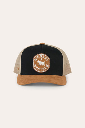 The Ringers Western Outback Hide Roadhouse Trucker Cap is a black and tan western-style hat featuring a brown suede brim and breathable mesh back. The front showcases a circular βRingers Westernβ patch with a central bull logo, while the adjustable snapback provides a comfortable, customizable fit.