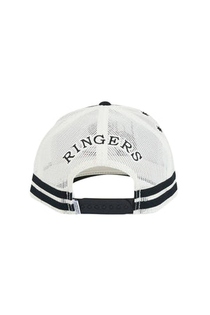 The Ringers Western Rum Runner Trucker Cap, shown from the back, features white mesh, black stripes, and "RINGERS" embroidered above an adjustable black snap—delivering classic Ringers style in a Rum Runner–inspired design.