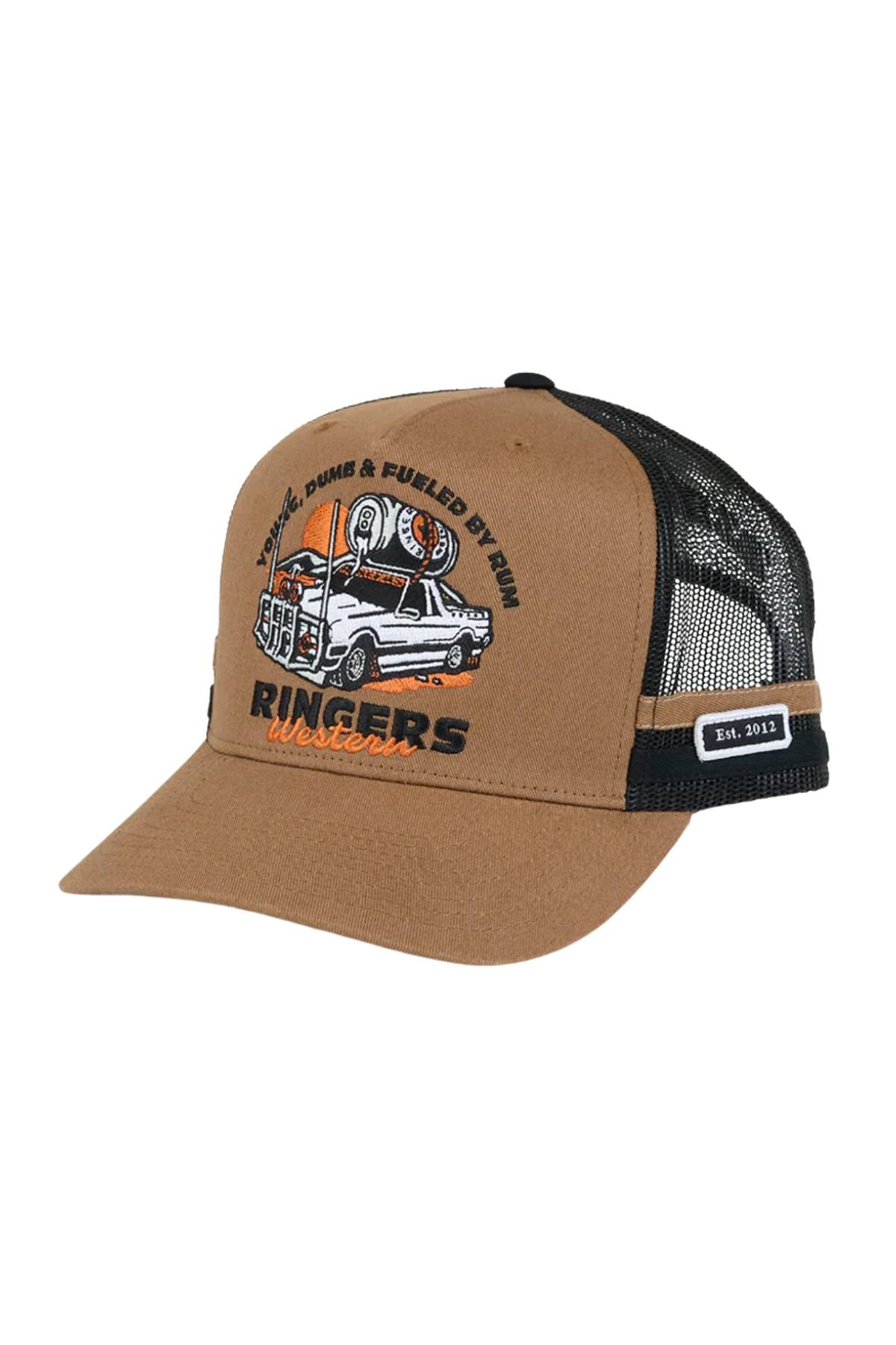 The Ringers Western Rum Runner Trucker Cap is brown and black, featuring a pickup truck with tires, jerry cans, "Ringers Western," "Born, Bred & Fueled by Rum," and a small "Est. 2012" patch—perfect for any rum runner at heart.
