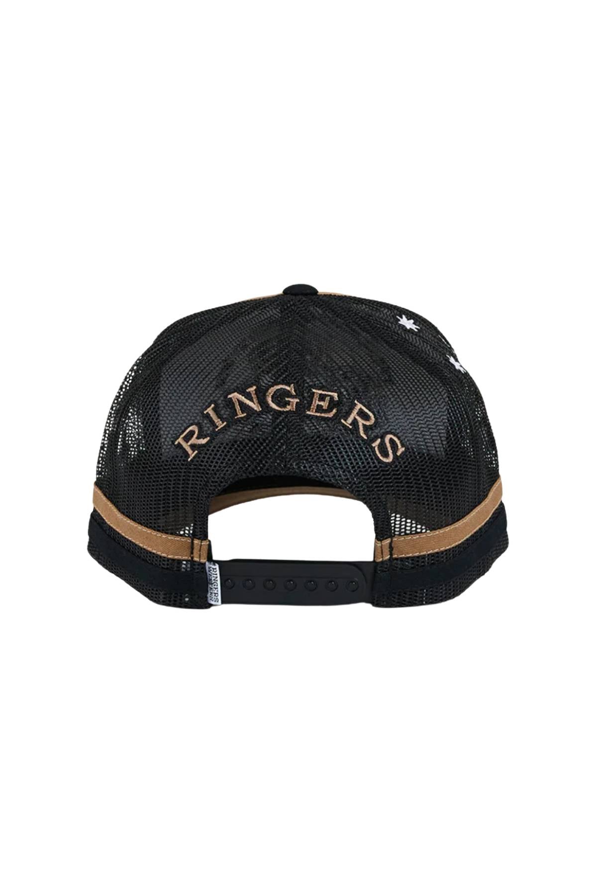 The Ringers Western Rum Runner Trucker Cap features black mesh, “RINGERS” gold embroidery on the back, an adjustable snapback closure, and brown accent stripes above the edge for a classic look.