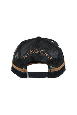 The Ringers Western Rum Runner Trucker Cap features black mesh, “RINGERS” gold embroidery on the back, an adjustable snapback closure, and brown accent stripes above the edge for a classic look.