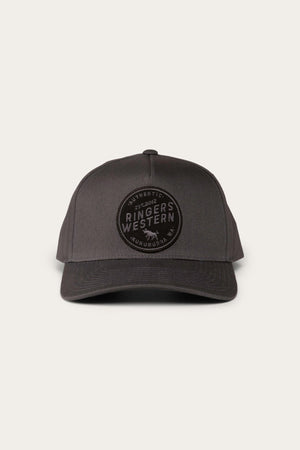 The Ringers Western Rye Baseball Cap, a black cotton twill hat, features a circular embroidered patch on the front. The patch includes the text "Authentic" at the top, "Ringers Western" in the center, and "Est. 2012" and "Kununurra, WA" below on a light grey background.