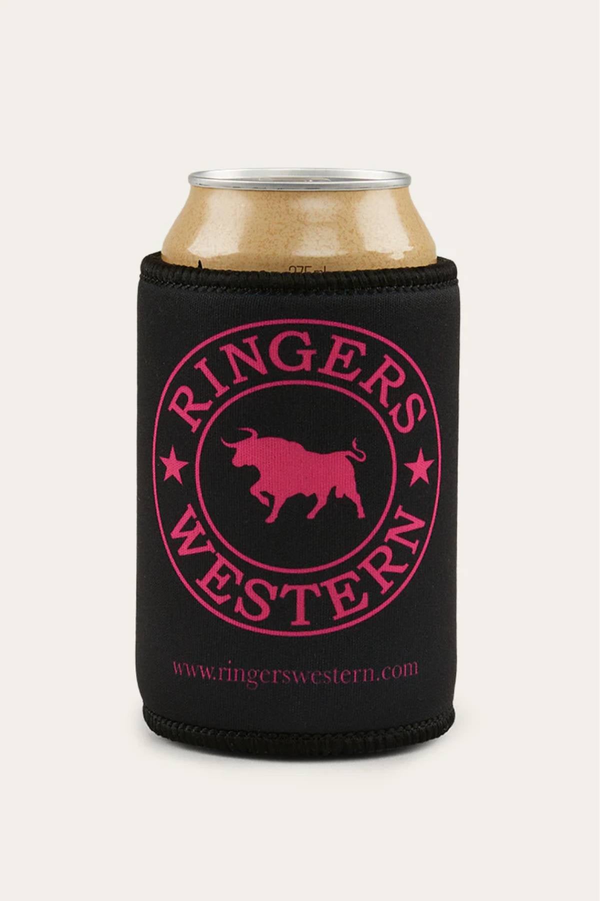 A can in a black Ringers Western Signature Bull Stubby Cooler, featuring a pink bull logo with stars and "www.ringerswestern.com" below.