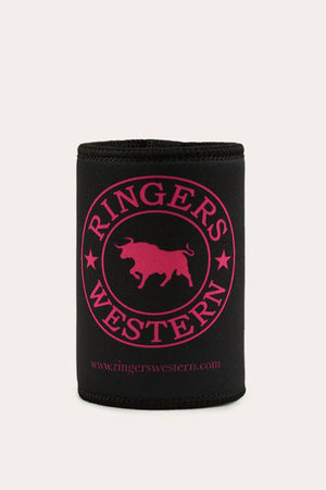 The Ringers Western Signature Bull Stubby Cooler is black with a pink Signature Bull logo, bull silhouette, two stars, and www.ringerswestern.com at the base.
