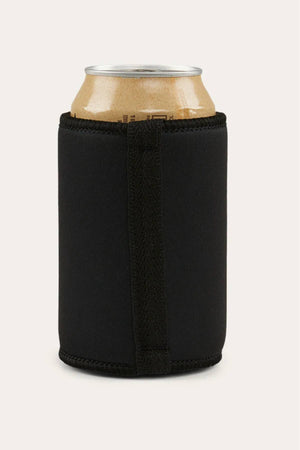 A can of beverage in a black Ringers Western Signature Bull Stubby Cooler, standing upright against a light beige background.