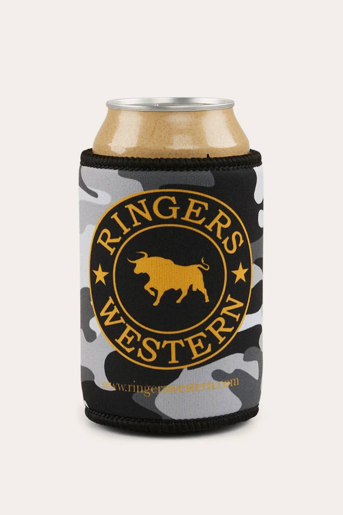 A drink in the Ringers Western Signature Bull Stubby Cooler, featuring black, gray, and white camo with a yellow "Ringers Western" logo and Signature Bull in the center.
