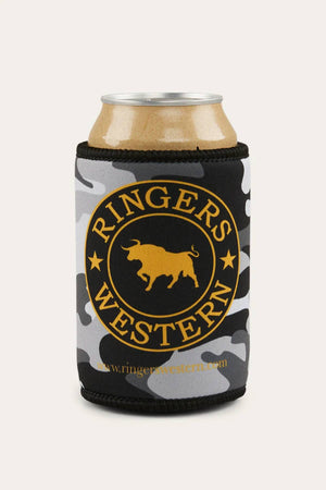 A drink in the Ringers Western Signature Bull Stubby Cooler, featuring black, gray, and white camo with a yellow "Ringers Western" logo and Signature Bull in the center.