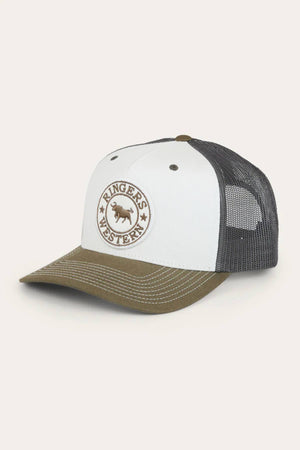 The Ringers Western Signature Bull Trucker Cap features a white front, brown brim, black mesh back, and a round bull logo patch on the front.