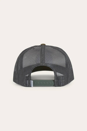 The Ringers Western Signature Bull Trucker Cap is shown from the back in black mesh, featuring visible stitching and an adjustable green snapback closure.