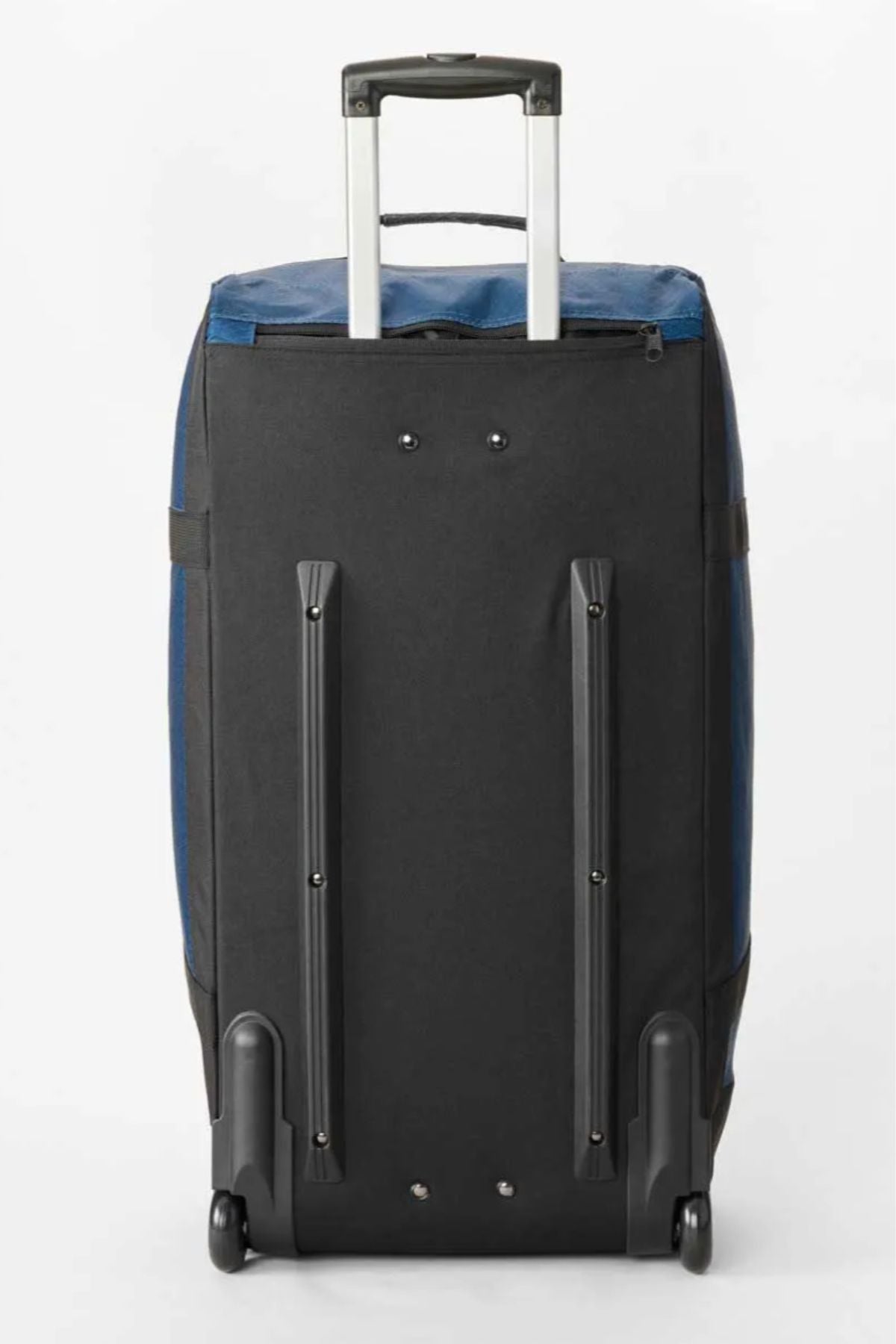 The Rip Curl Jupiter Search Ref 80L Travel Bag features a large, water-resistant navy blue fabric, black back, two wheels, two support bars, and an extended telescoping handle. The bag is shown on a plain white background.