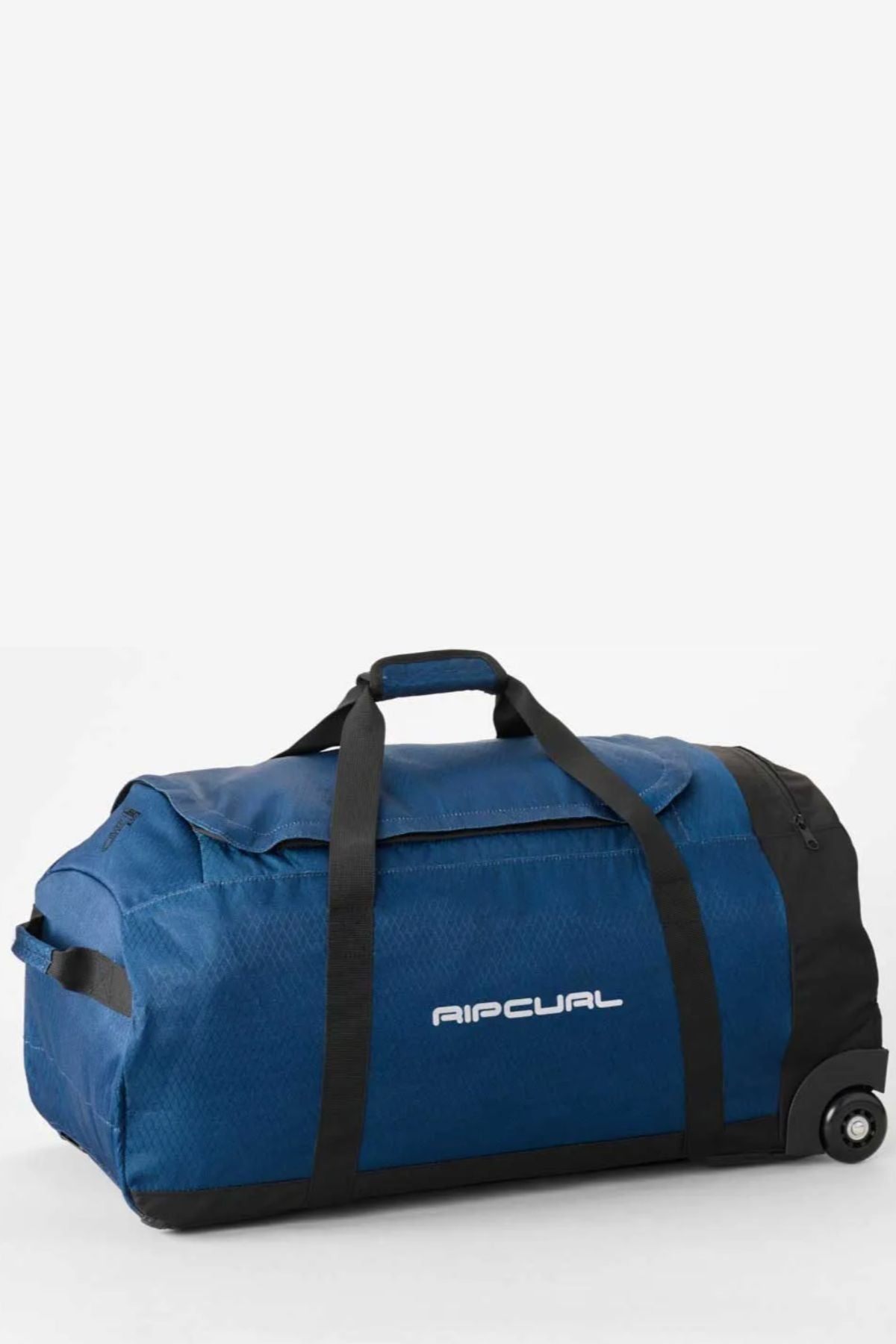 The Rip Curl Jupiter Search Ref 80L Travel Bag is a large blue and black wheeled travel bag with side handles and a water-resistant design. It features the white "RIP CURL" logo on the side for a stylish touch.