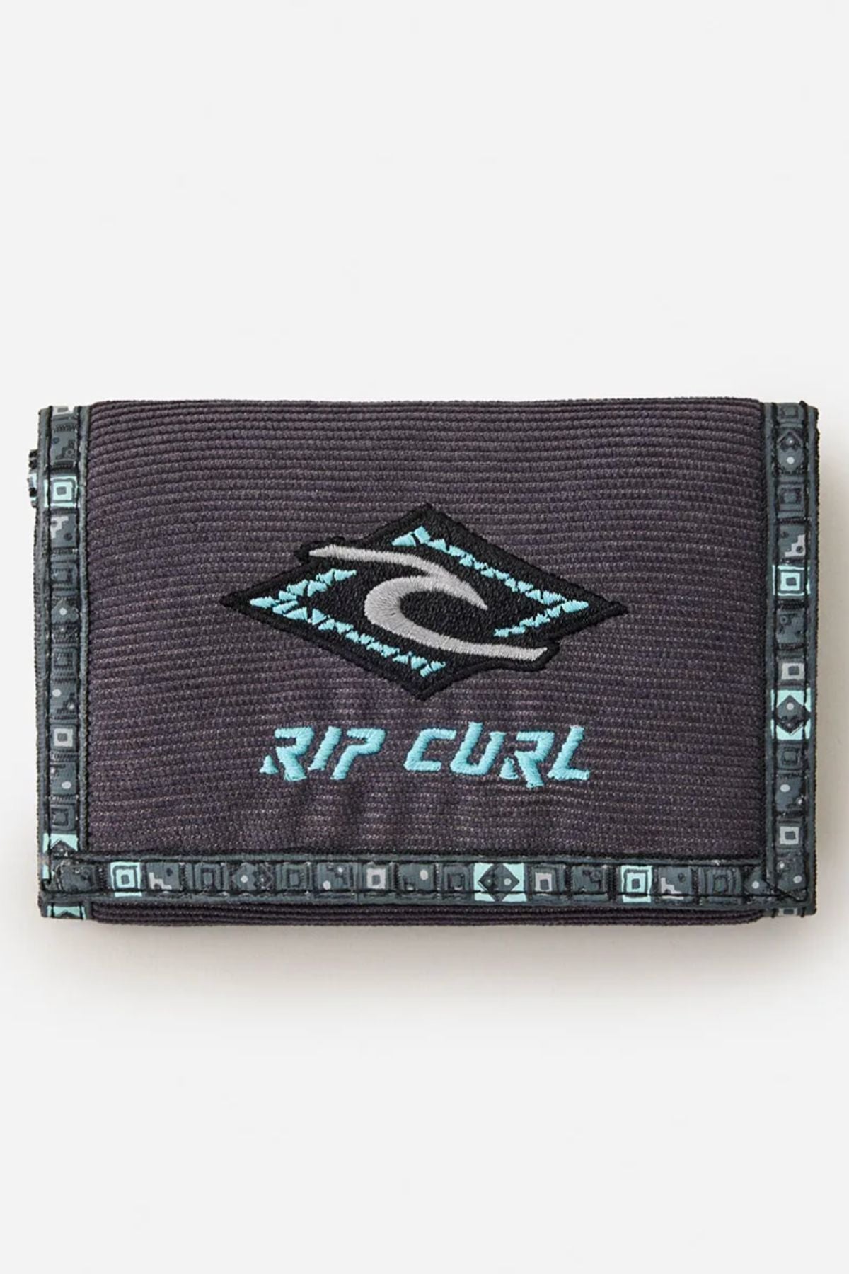 The Rip Curl Archive Cord Surf Wallet is black with blue and gray geometric trim, featuring the Rip Curl logo and text embroidered in light blue and white on the front.