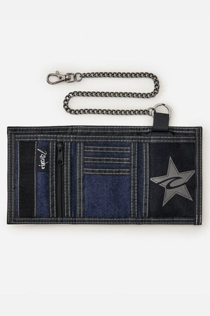 The Rip Curl Archive Denim Surf Wallet showcases blue and black cotton denim, multiple pockets, contrast stitching, a star and swirl design, plus a chain with claspβideal as your go-to surf wallet.