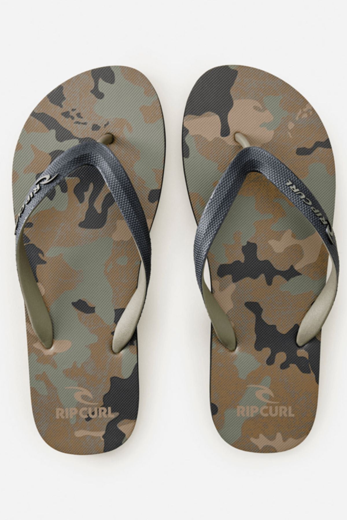 A pair of Rip Curl Camo Bloom Thongs featuring green, brown, and black camo soles and dark gray straps, made with BLOOM algae foam for comfort, displayed side by side on a white background.