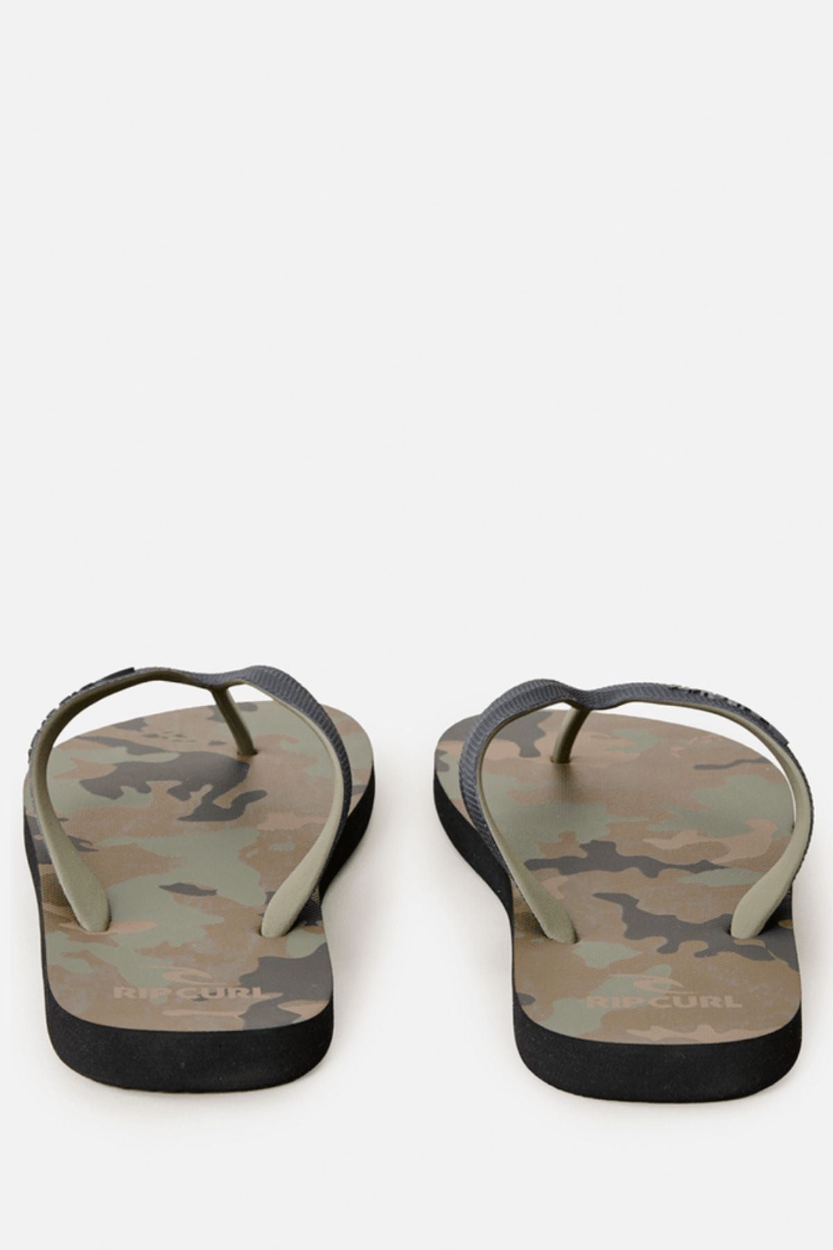 A pair of Rip Curl Camo Bloom Thongs with green and brown camouflage-patterned BLOOM algae foam soles and dark green straps is shown from the back against a white background, highlighting their comfortable fit.