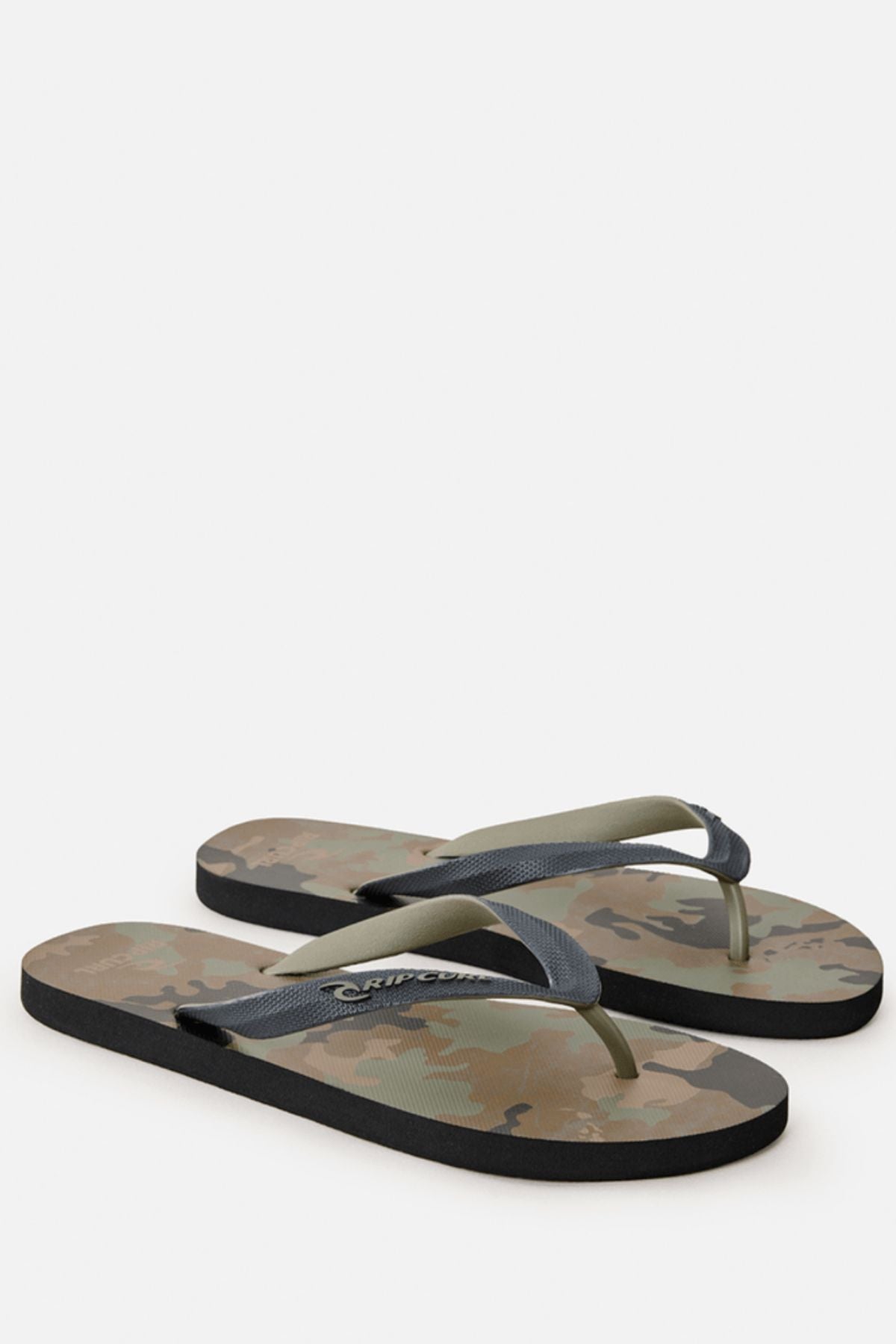 The Rip Curl Camo Bloom Thongs feature camouflage-patterned BLOOM algae foam soles with dark green and gray straps, providing comfort on a clean white background.