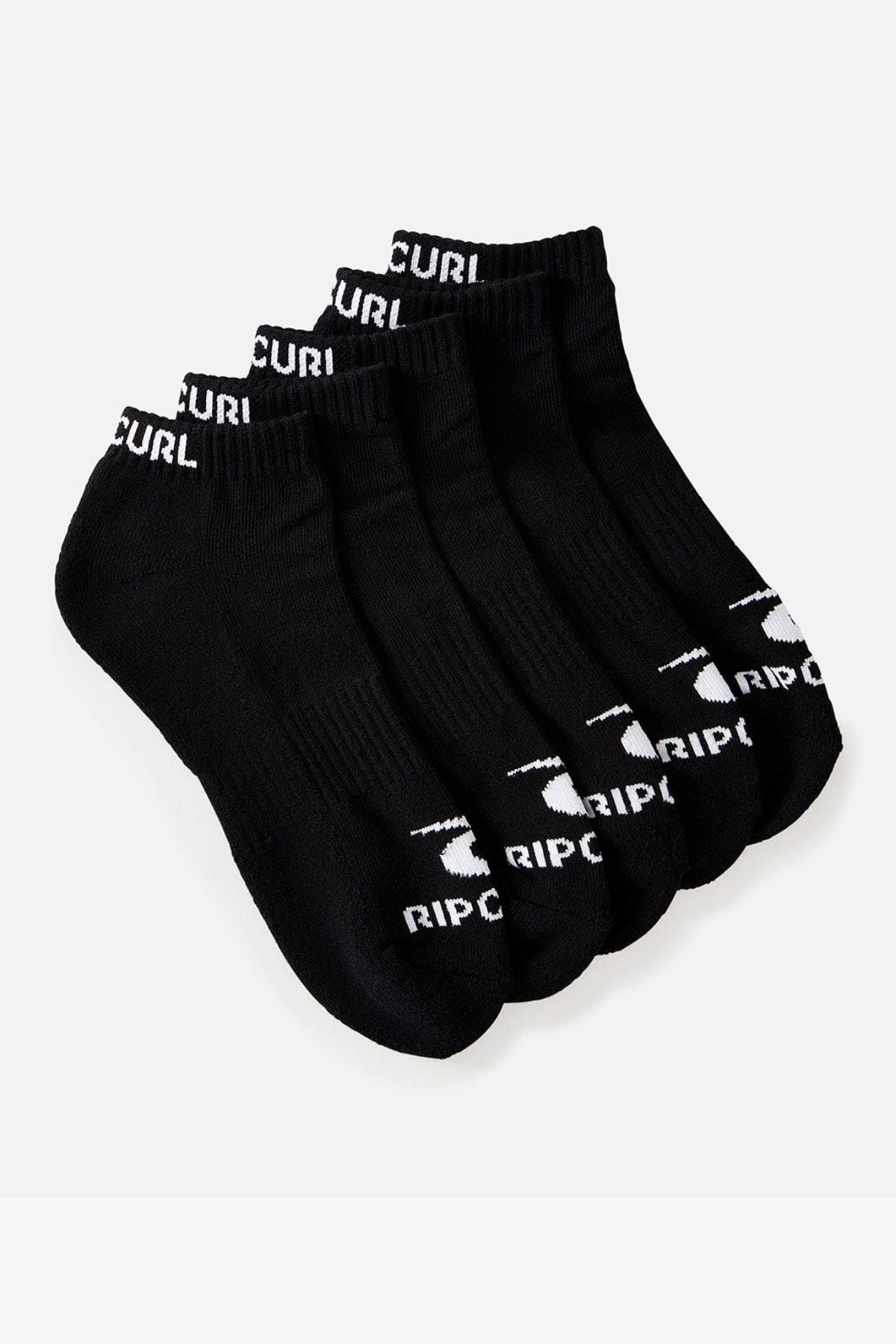 A fan-like arrangement of the Rip Curl Brand Ankle Sock 5 Pack, showcasing black socks with arch support and "RIP CURL" printed in white on the cuffs and near the toes, is set against a plain white background.