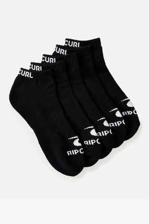 A fan-like arrangement of the Rip Curl Brand Ankle Sock 5 Pack, showcasing black socks with arch support and "RIP CURL" printed in white on the cuffs and near the toes, is set against a plain white background.