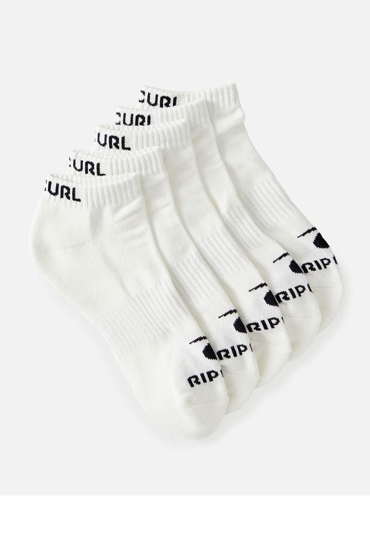 A five-pack of Rip Curl Brand ankle socks with arch support, showcasing black "RIP CURL" text on the cuff and logo on the toe, presented against a light gray background.