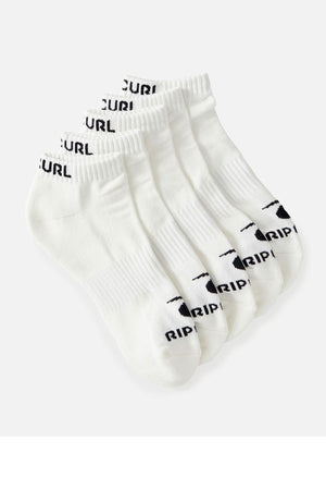 A five-pack of Rip Curl Brand ankle socks with arch support, showcasing black "RIP CURL" text on the cuff and logo on the toe, presented against a light gray background.