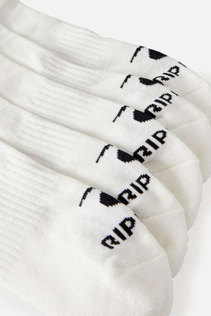 A close-up of the Rip Curl Brand Ankle Sock 5 Pack, showcasing white ankle socks with a black logo and "RIP" printed near the toes. The socks feature arch support and are neatly arranged in a row on a white surface.