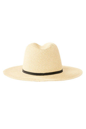 The Rip Curl Classic Surf UPF Panama is a light-colored, wide-brimmed paper straw hat with a black band around the crown, shown on a white background.