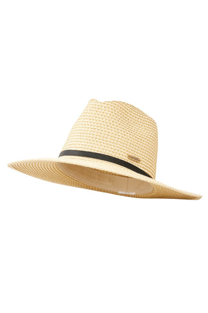 The Rip Curl Classic Surf UPF Panama is a tan paper straw hat with a wide brim and black band, providing UPF sun protection, pictured against a white background.