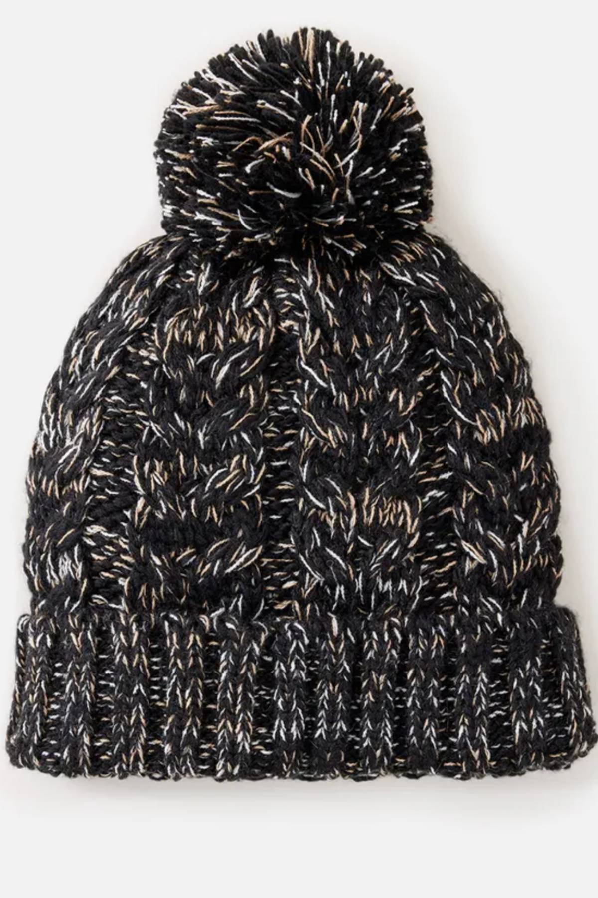 The Rip Curl Classic Regular Pom Pom Beanie is a black and gray beanie with a thick cable knit design and a large pom-pom on top, crafted from soft acrylic yarn.