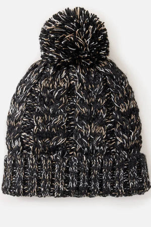 The Rip Curl Classic Regular Pom Pom Beanie is a black and gray beanie with a thick cable knit design and a large pom-pom on top, crafted from soft acrylic yarn.